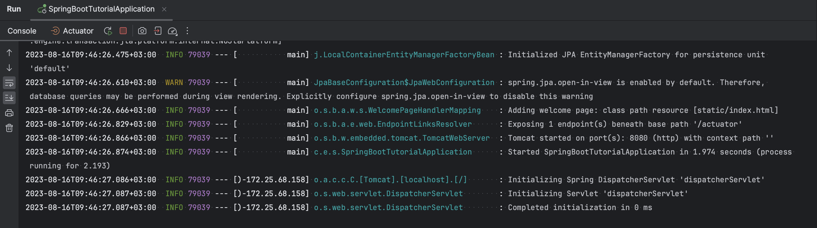 The Run tool window with a running Spring Boot application