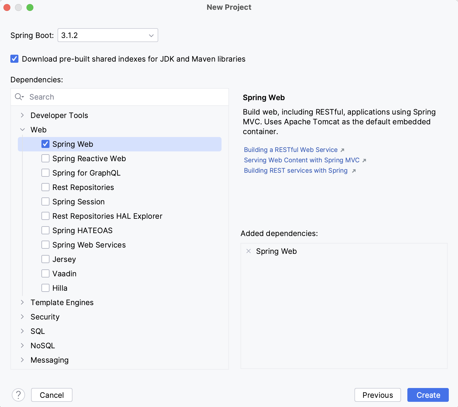 Spring Dependencies in the New Project wizard